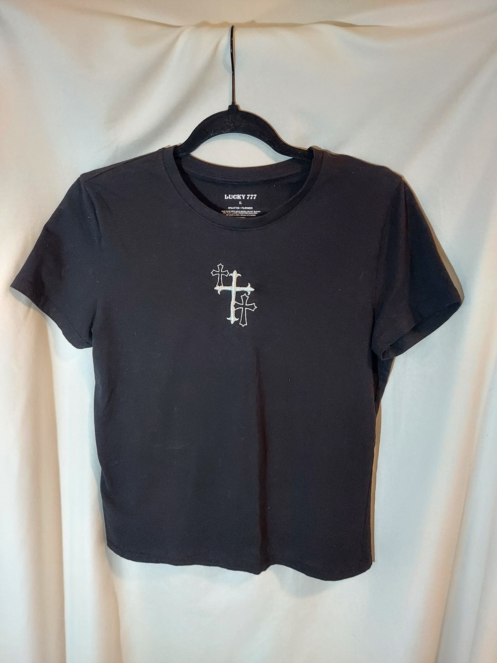 Lucky 777 Black Embroidered Cross Goth Grunge Baby Tee Cropped XL